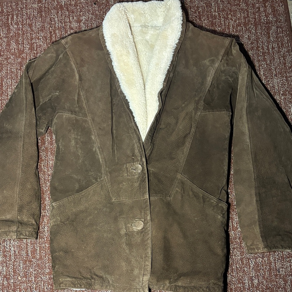 Vintage Midwest traders Brown Suede Jacket with Cream faux fur Lining Mens med